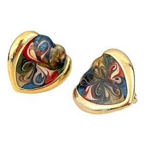 Vintage Designer Earrings Gold Tone Handpainted Shimmer Enamel 1980s Clip On 2X